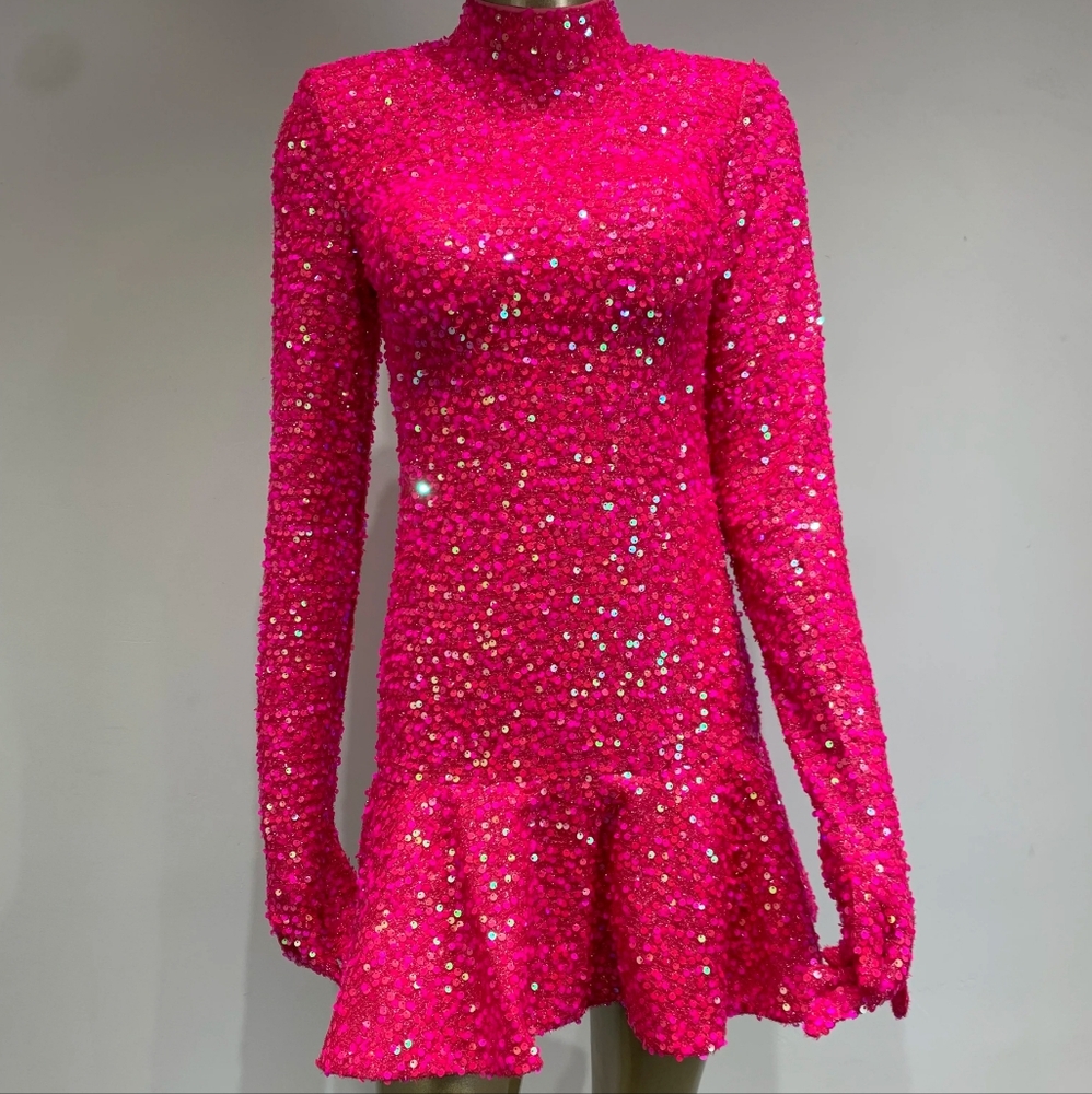 Women Luxury Sexy Long Sleeve Backless Sequins Sparkly Hot Pink - Picture 7 of 8